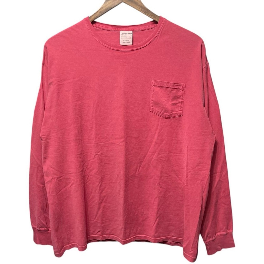 plain blank faded red comfort wash long sleeve crewneck front pocket shirt tee